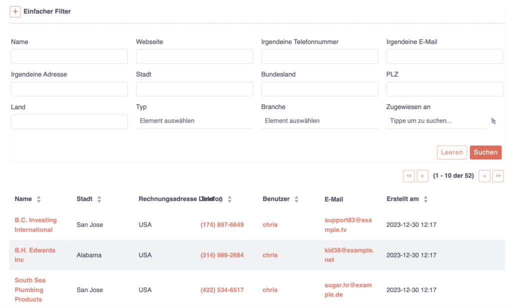 Kontakte – Suche nach Firmennamen – Listenansicht