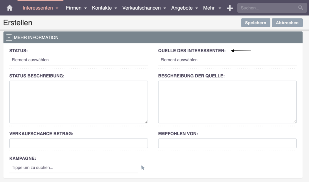 Quelle des Interessenten - Dropdown Felder