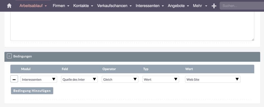 SuiteCRM Arbeitsablauf - Bedingung hinzufügen