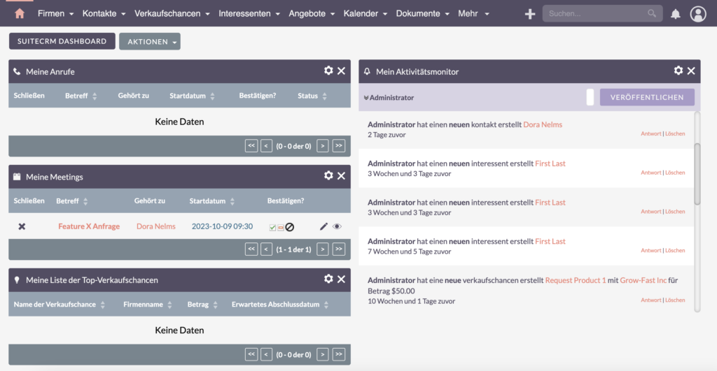 SuiteCRM Dashboard Dashlets