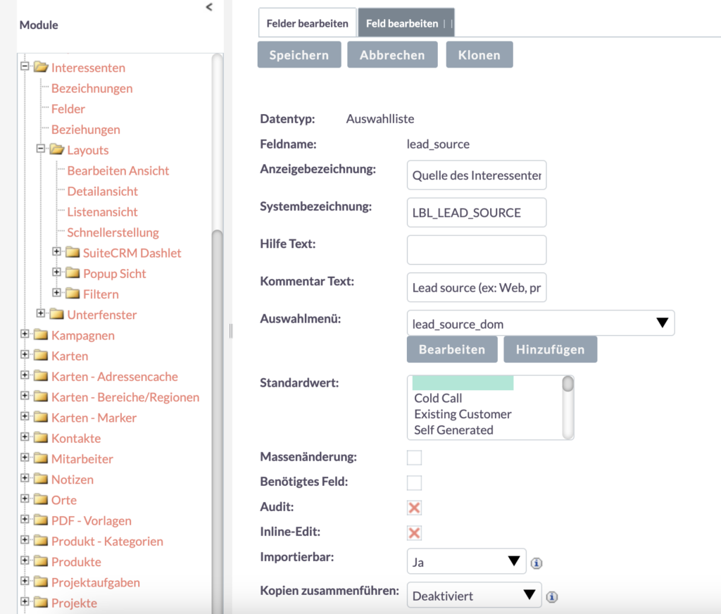 SuiteCRM-Dropdown-Liste Bearbeiten