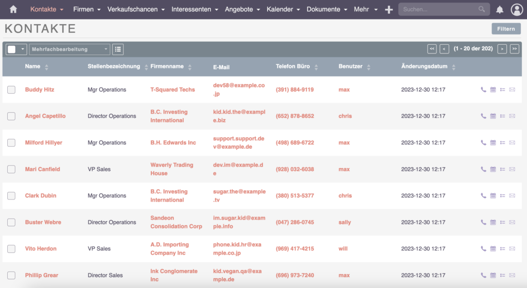 SuiteCRM-Kontaktmodul Listenansicht