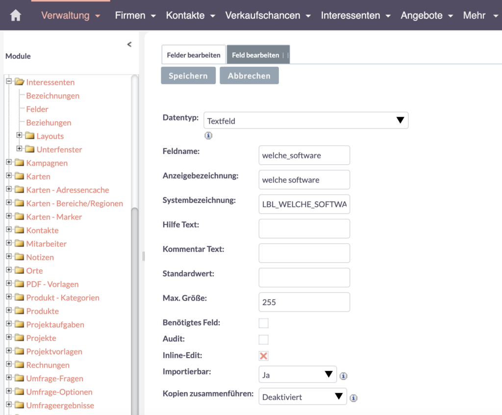 SuiteCRM TextFeldern