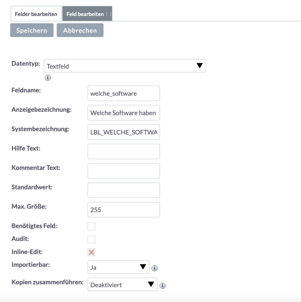 SuiteCRM TextFeldern - Anzeigebezeichnung