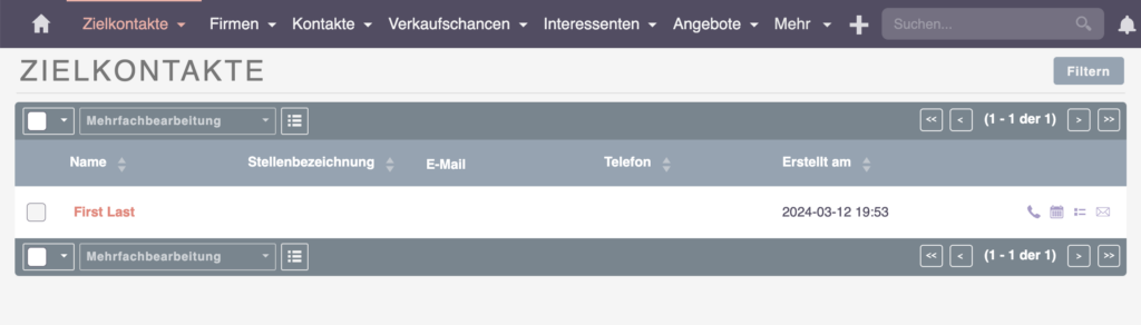 SuiteCRM Zielkontakte-Übersicht mit neuen Daten