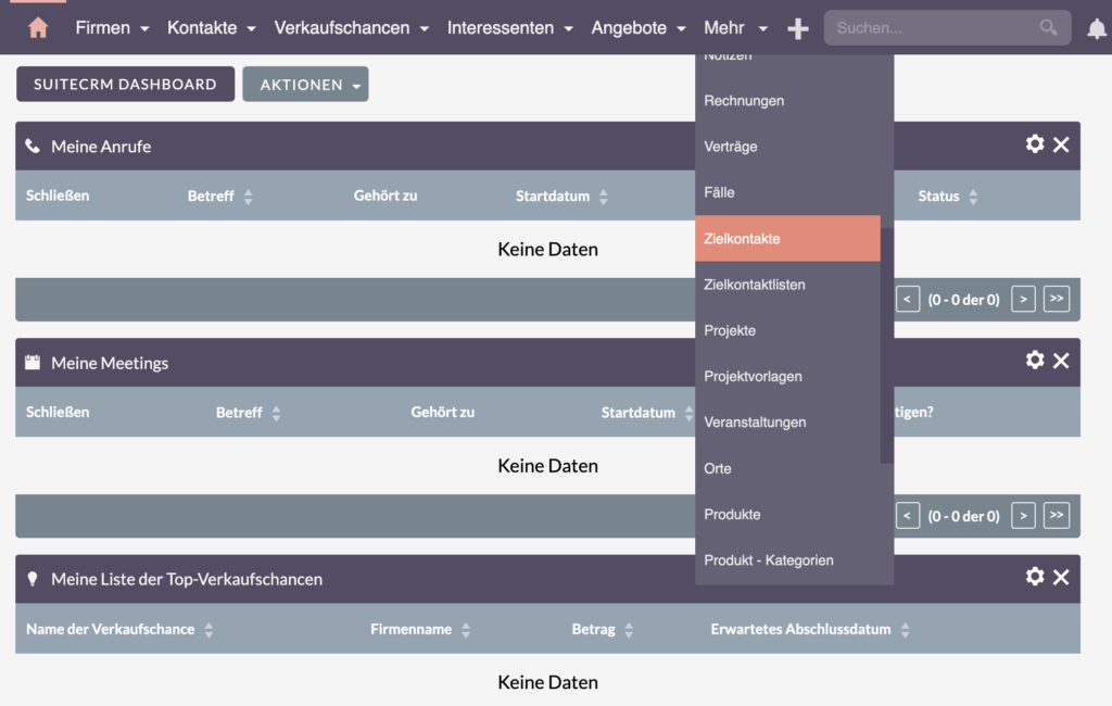 SuiteCRM Zielkontakten dropdown