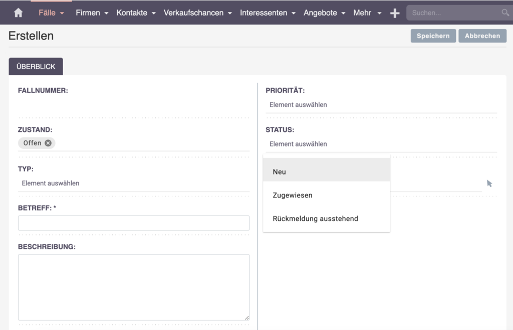 SuiteCRM erstellt neuen Fall