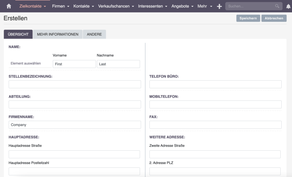 Zielkontakt erstellen - SuiteCRM