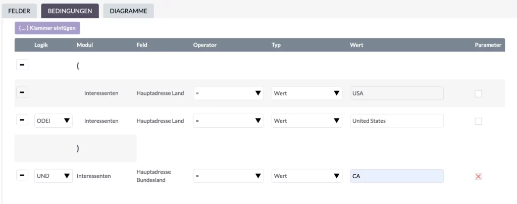 SuiteCRM-Berichtsbedingungen – Parameter