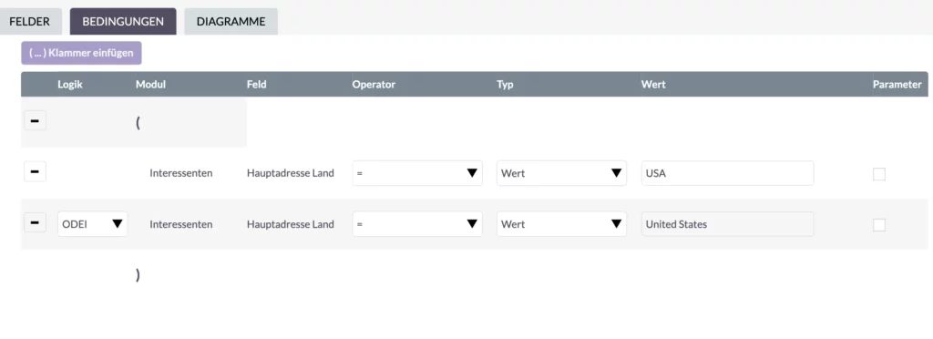 SuiteCRM-Meldebedingungen – ODER-Operator